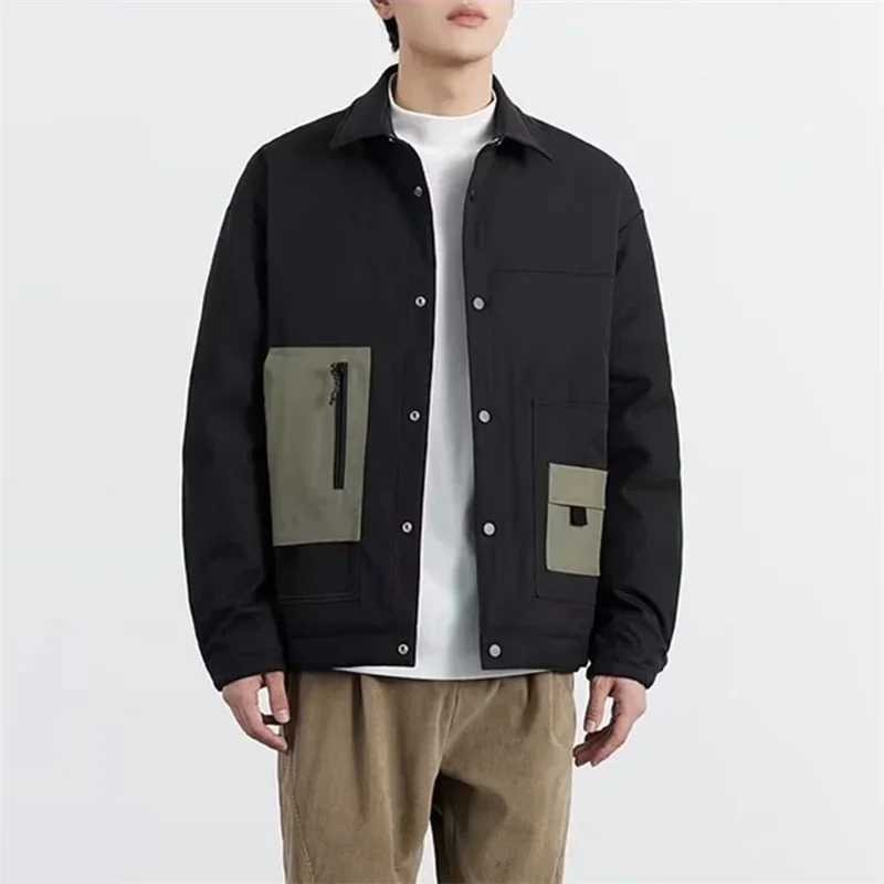 Mens Colorblock Pockets Button Bomber Jackets Autumn American Retro Baseball Uniform Black Loose Tops Male Lapel Frock Coat X250213