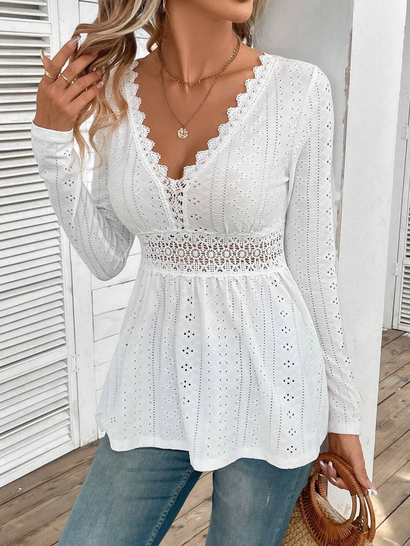 X081 Spring new elegant ladies solid color V-neck splicing lace long-sleeved T-shirt tops for women