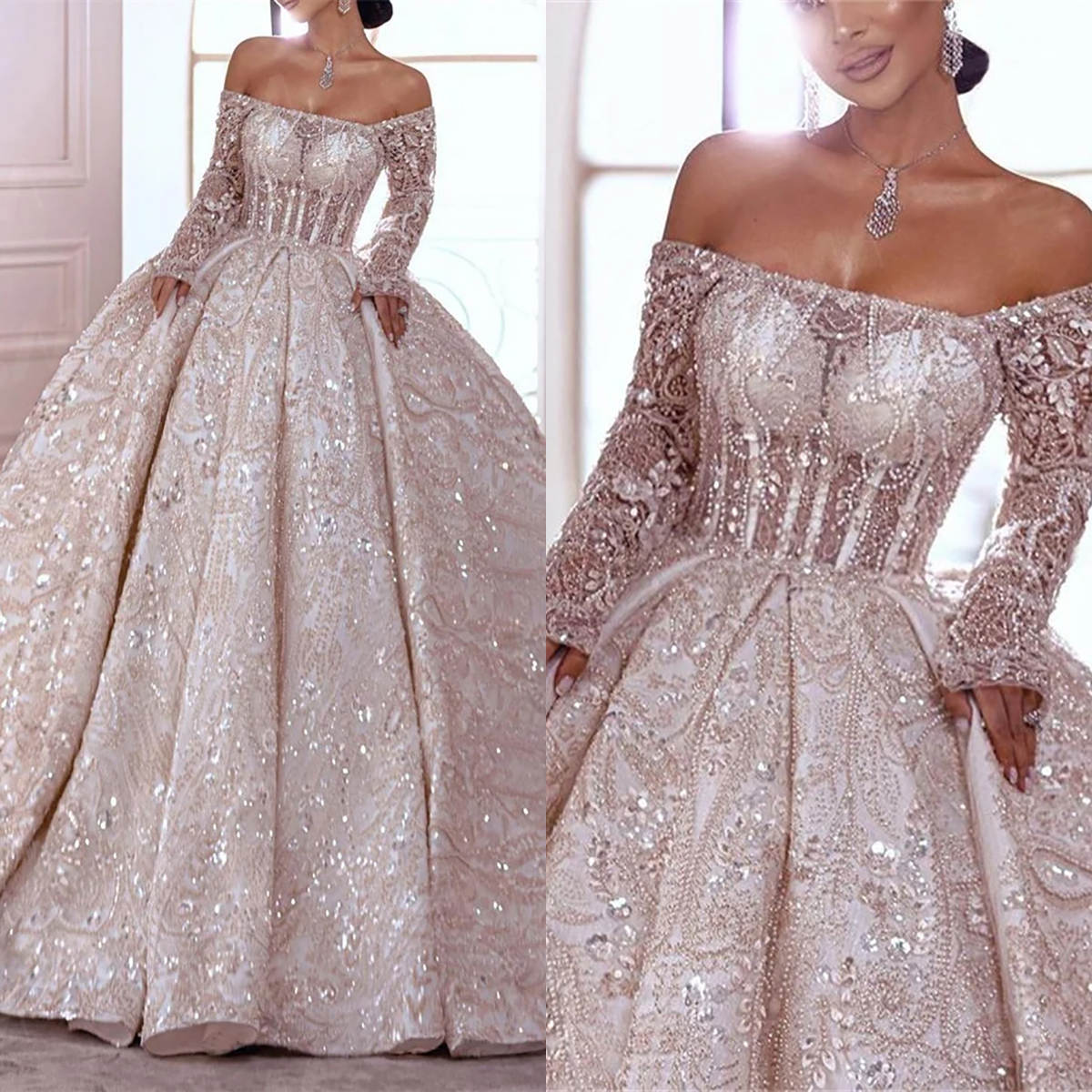 Exquisite Ball Gown Wedding Dresses Strapless Sequins Long Sleeves Pearls Backless Zipper Court Gown Pleats Custom Made Bridal Gown Plus Size Vestidos