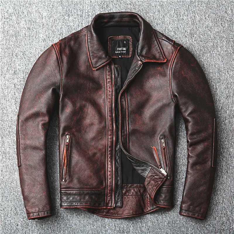 Red-Brown American Retro Motorcycle Style Distressed High Sense Classic Genuine Leather Jacket Vintage Quality Cowhide Coat 6XL X250213