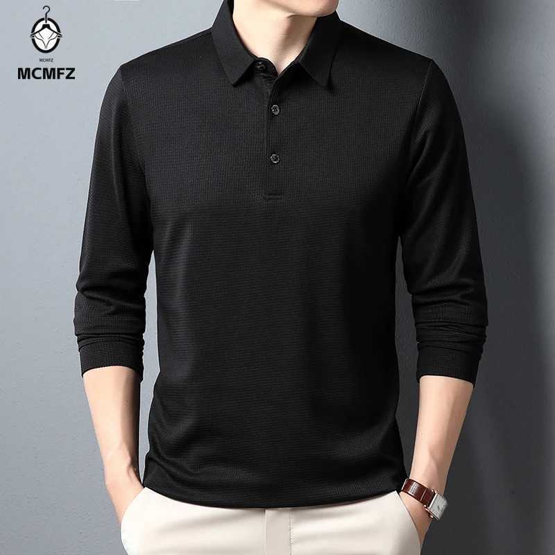 Mens Business Casual Polo Long Sleeve T-shirt Summer Comfortable Solid Cotton Top X250213