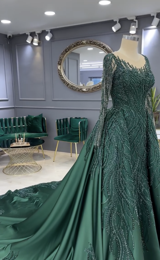 Emerald green beaded Evening Dresses illusion long sleeve gala women satin dresses for special ocns