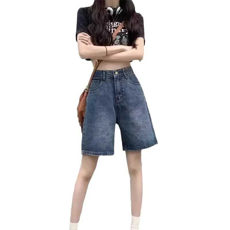 Korean Style Simplewashingdenim Womens High-Waisted Slimming Straight-Leg Wide-Leg Mid-Length Trendy Shorts Summer 250210