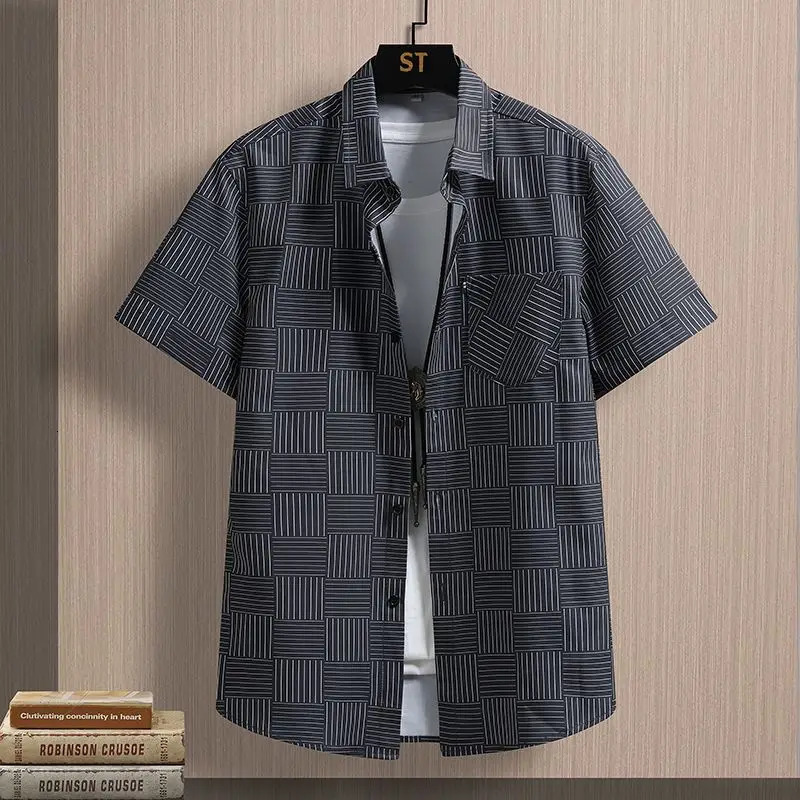 Simplicity Summer Shirts Ice Silk Mens Square Collar Striped Printing Pockets Single Breasted Fashion Loose Short Sleeve Tops 250211