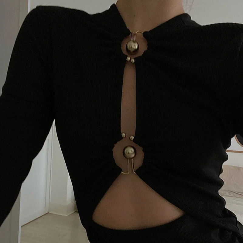 WhereMery Sexy Hollow Out Long Sleeve Bodysuit Metal Ring Connection Fashion Folds Women Bodice Black Bodycon Party Clubwear Top 250211