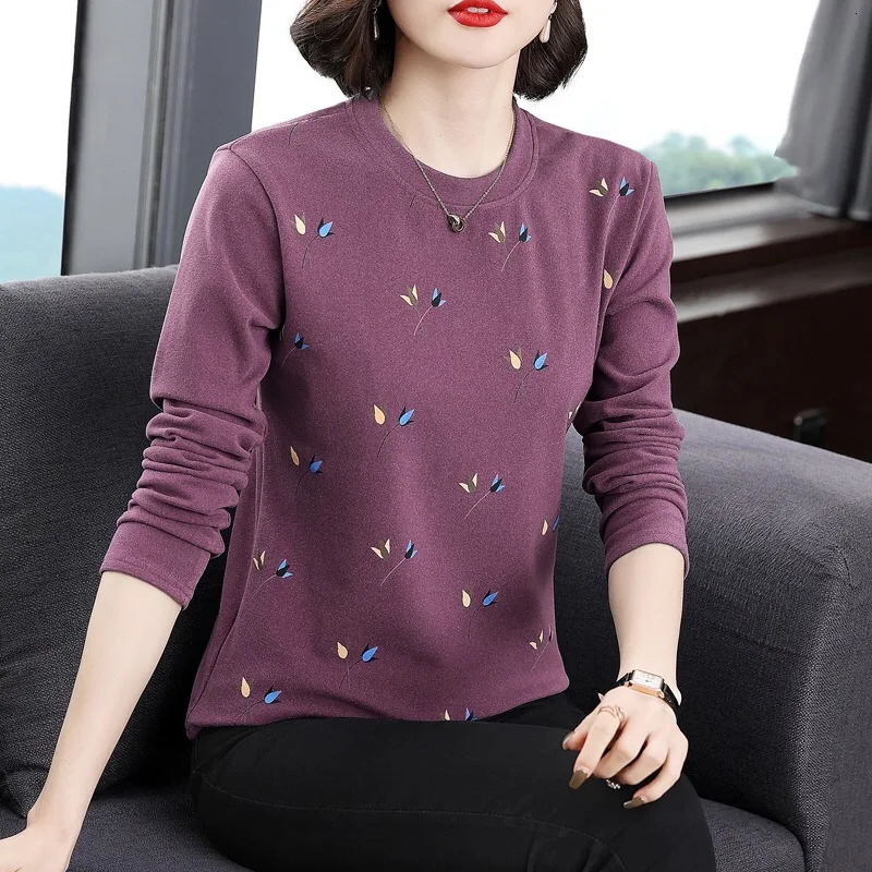 2024 Autumn Winter Velvet Base Layer Top Slimming Womens Leaf Print Tshirt Warm Long Sleeve Female Blouses Shirt 250114Z