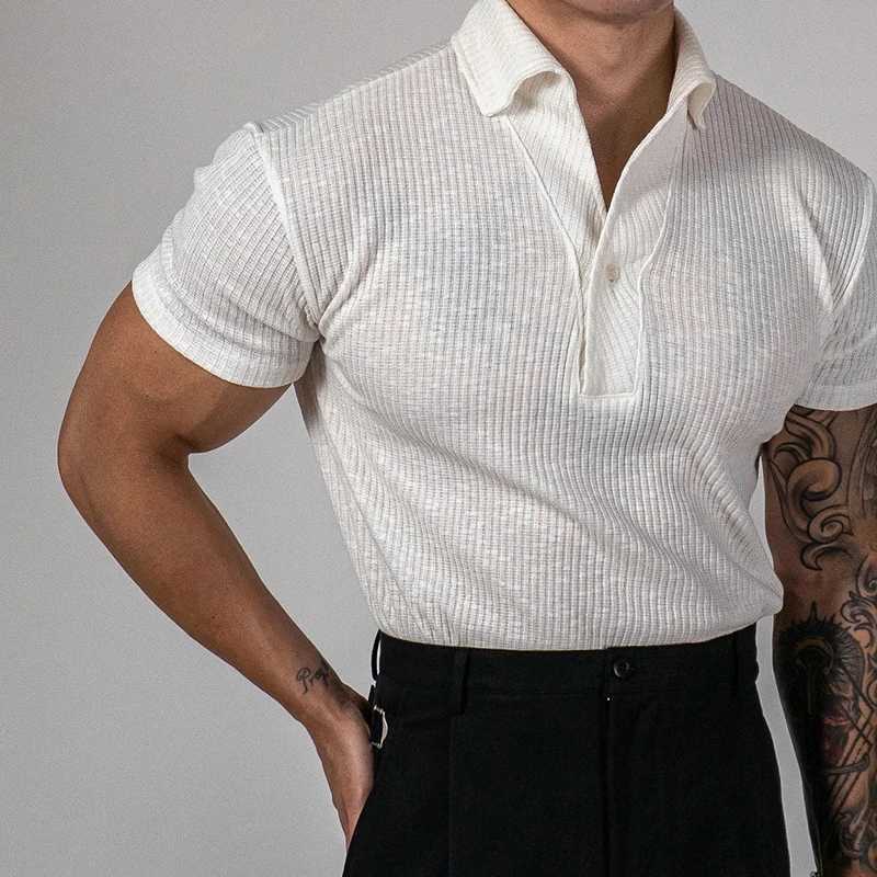 Fashionable ribbed polo shirt for men sports and fitness muscle short sleeved slim fit elastic top casual solid color lapel polo mens T-shirt X250213