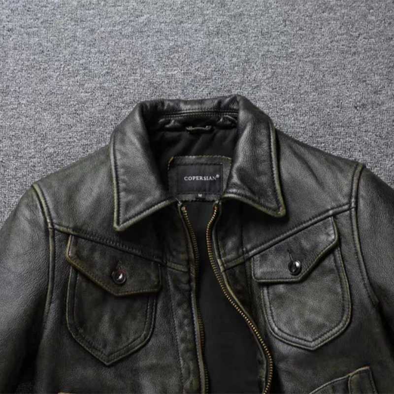 American leather jacket mens motorcycle jacket retro Distressed graphite olive green ultra-thin lapel jacket new style X250213