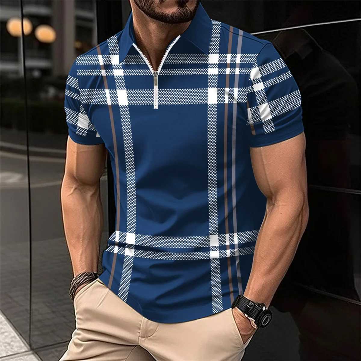 2024 Summer Mens Fashion New Lapel Zip-Up Short Sleeve Business Casual Street Striped Print Comfortable Polo Shirt X250213