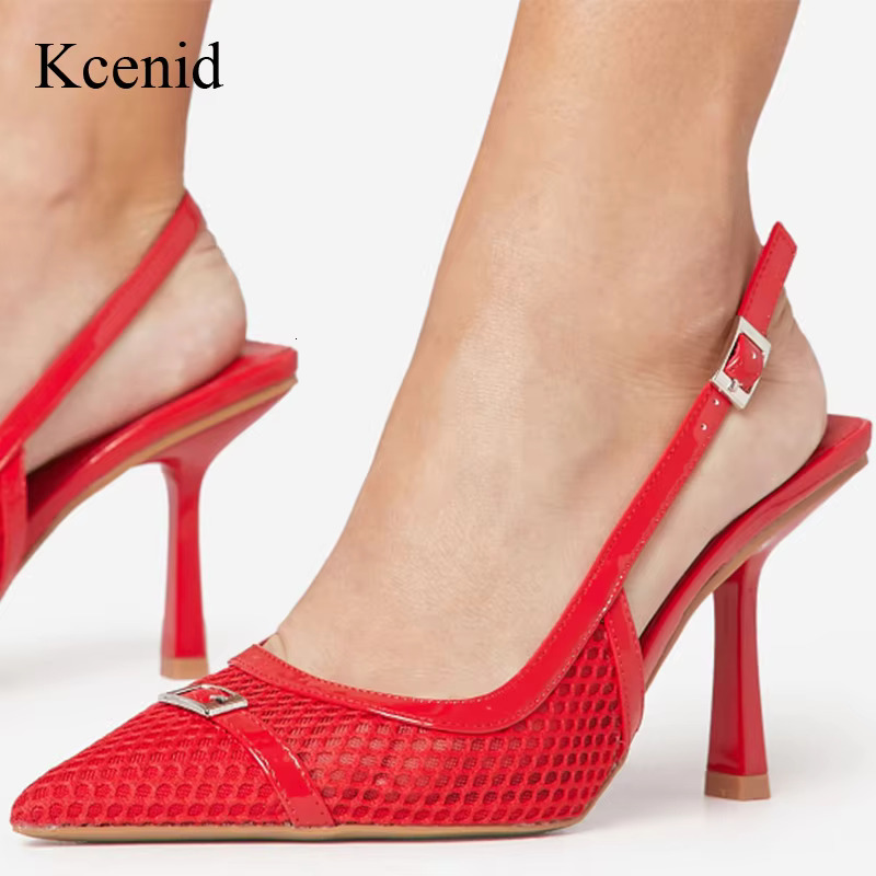 Kcenid Fashion Thin High Heels Pointed Toe Sgback Pumps Women Back Strap Mesh Hollow Wedding Party Banquet Shoes Woman