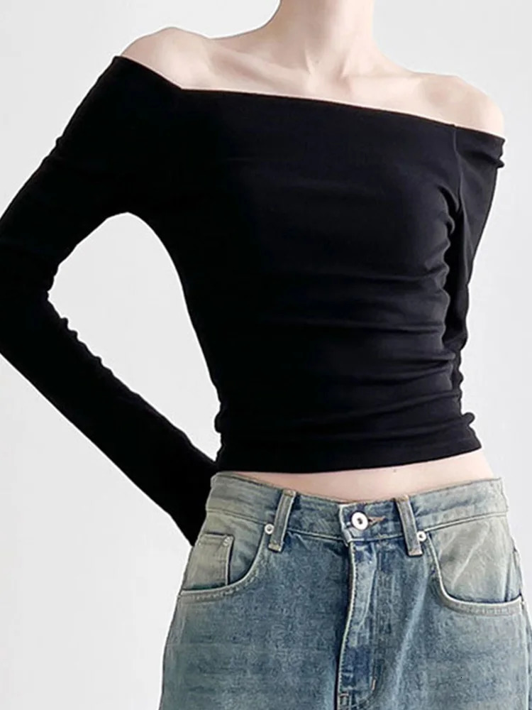 Black Solid Slash Neck Elegant Long Sleeve Tops Korean Fashion Slim Sexy Cropped T Shirt Women Fall Clothing 250208