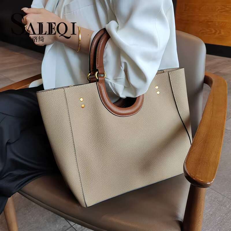 New Genuine Leather Women's Retro Casual Contrast Tote Commuting Large Capacity One Shoulder Handbag Crossbody Bag