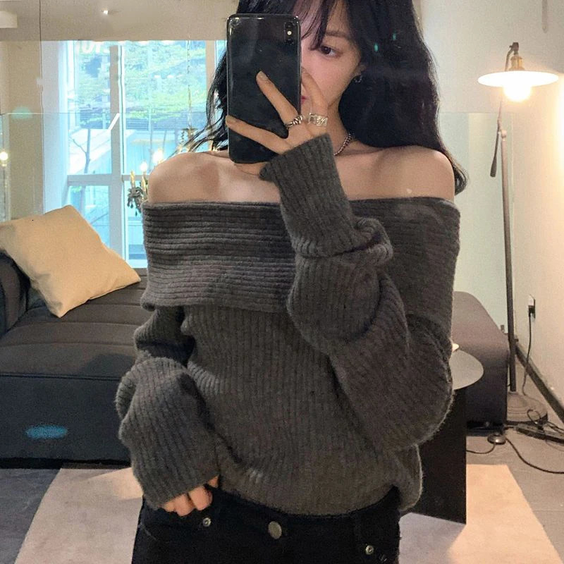 Lucyever Slash Neck Knitted Sweater Women Sexy Off Shoulder Long Sleeve Pullovers Female Korean Elegant Thicken Slim Jumpers Top 250210
