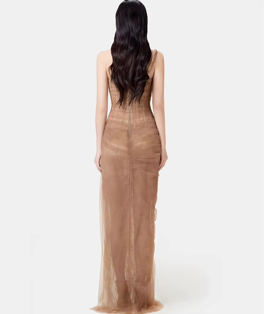 Runway Fashion Sexy Summer One Shoulder Prom Party Long Dress For Women's Sleeveless Mesh Lace Sequin Twist Split Evening Robe