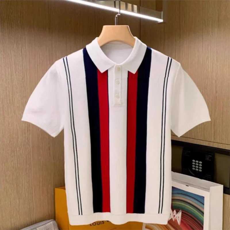 Luxury Striped Knitted Mens Polo Shirts Fashion Contrast Color Short Sleeve Slim Polo Tops Men Summer Vintage Button Lapel Polo X250213