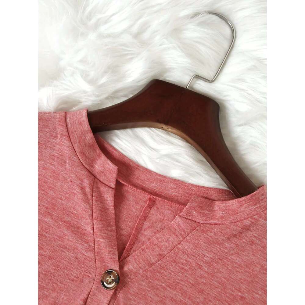 Chic Plus Size Short Sleeve Buttoned V-Neck Casual T-Shirt Lightweight Summer Top For Women