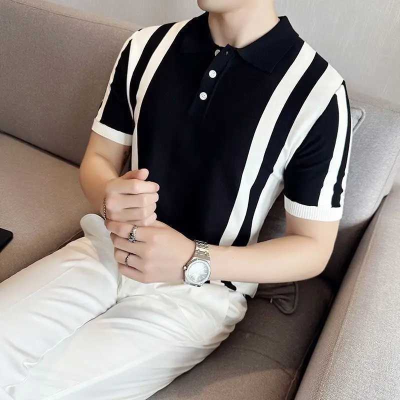2024 New Summer Retro Casual Business Fashion Polo Necklace with Contrast Stripe Printed Short Sleeve Ice Silk Mens T-shirt X250213