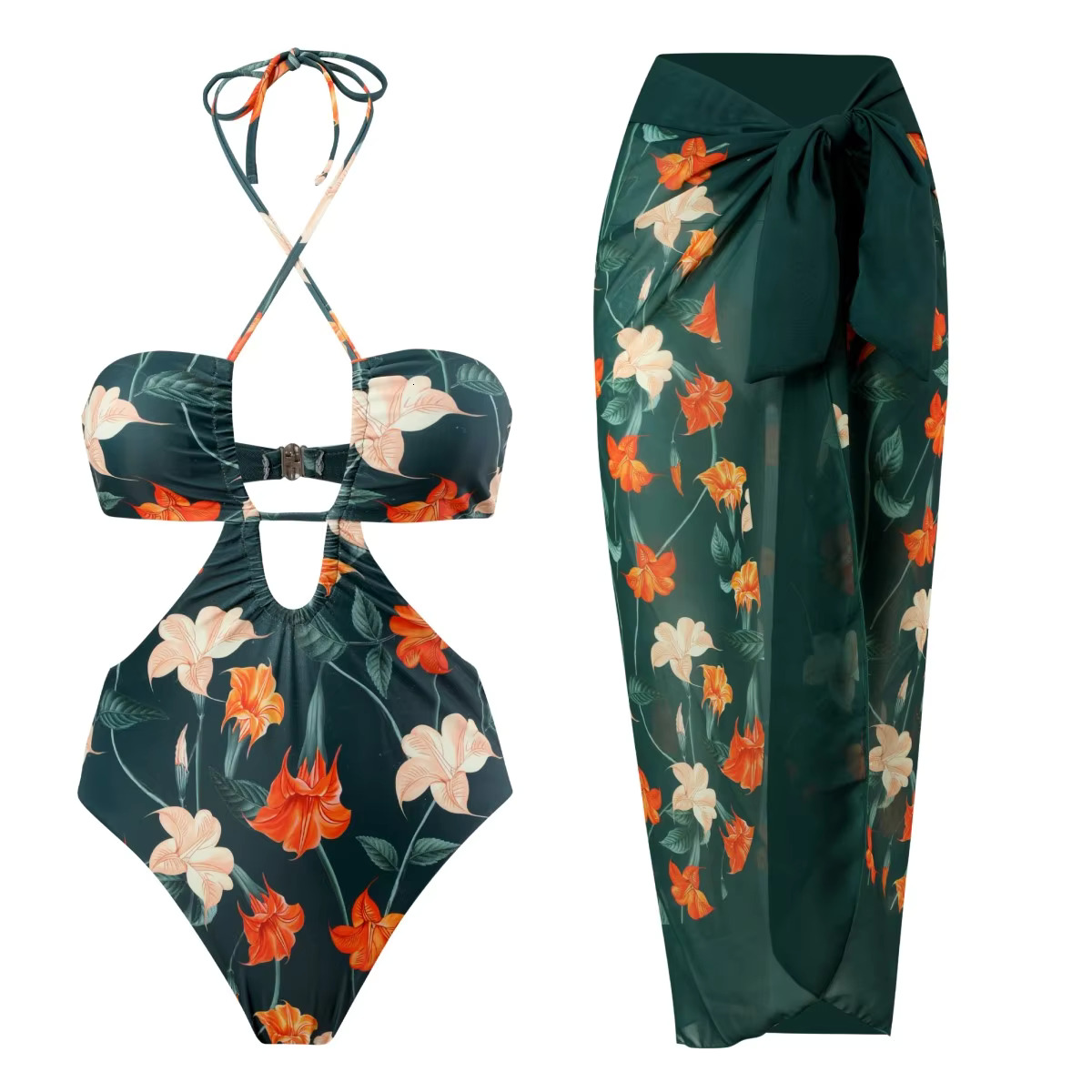 2023 High Leg One Piece Swimwear Women Print Swimsuit Cut Out Bathing Suit Cross Beach Wear Bodysuit Monokini Summer