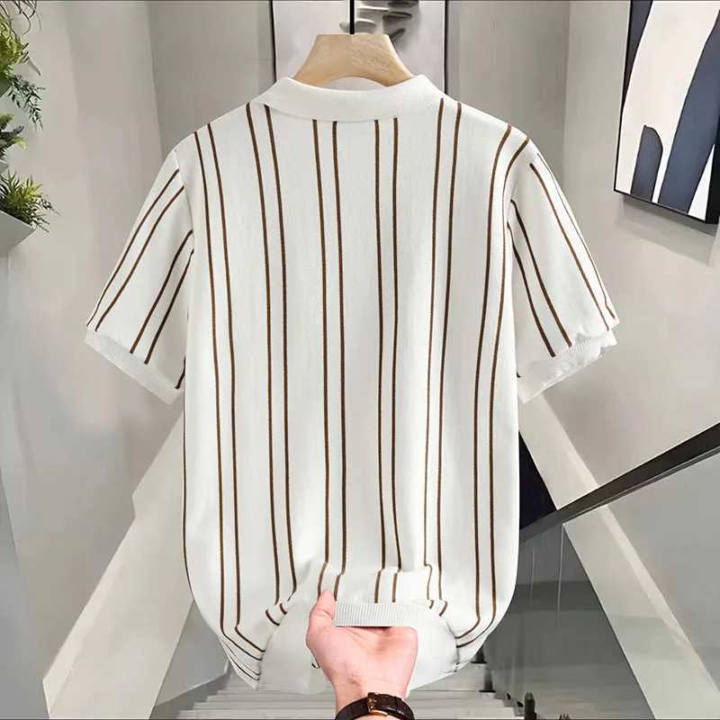 Stretchable Mens Striped POLO Shirt Daily Casual and Breathable Sweat-wicking Knit Short-sleeved T-shirt. X250213