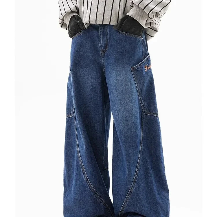 American Style Vintage Large Pocket Curved Jean Womens Spring Autumn Spicy Girl High Street Sensibility Loose Fit Wide L 250210