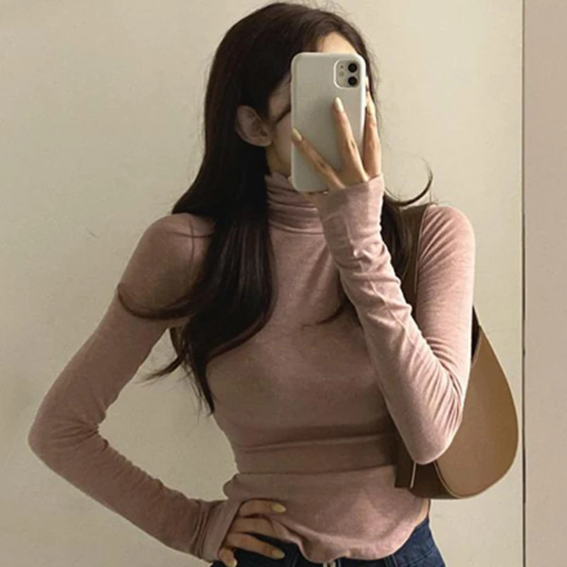 Autumn Winter Korean Solid Color Longsleeved Turtleneck Thermal Tshirt For Women 250211