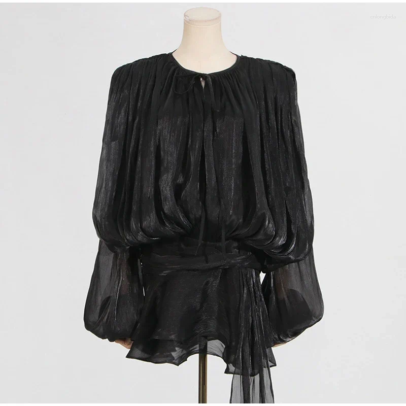 CMLONGBIDA Casual Dresses Chic Ruffle Hem Mini Dress O Neck Lace Up Loose Blouse Lantern Sleeve Solid Chiffon Vestidos 2025 Lady Spring Gown