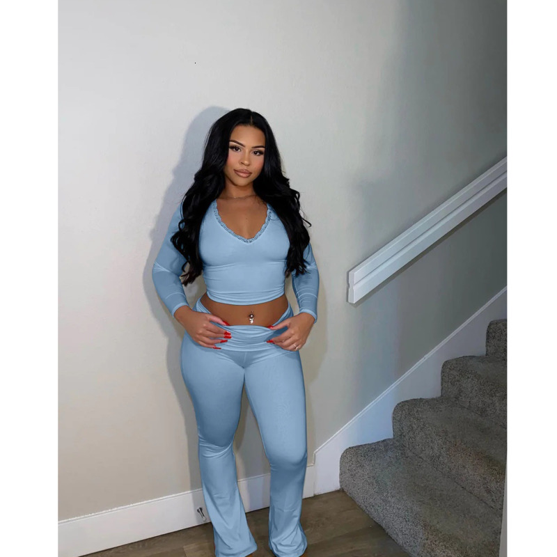 Womens Tracksuits Spring New Long Sleeved Lace V-neck Short Top High Waist Long Pants Casual Home Set 7 Colors