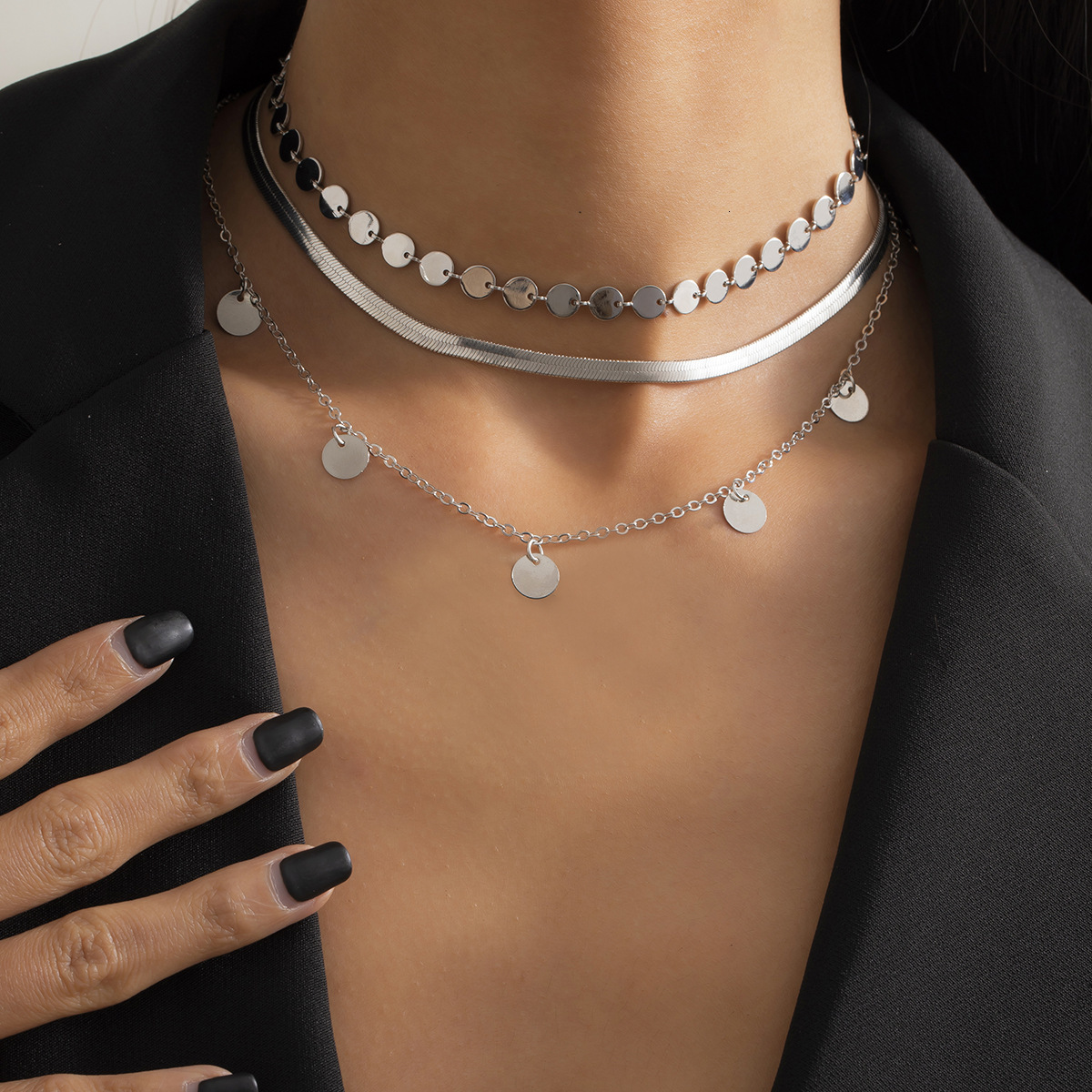 Woman Jewelry temperament minimalist circular pendant set necklace fashion women geometric thin collarbone chain