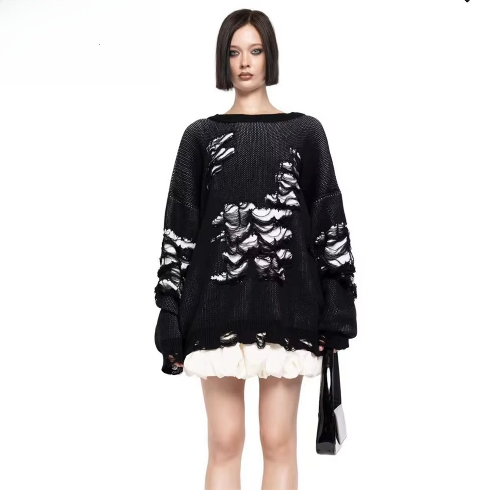 Yaminiya Autumn Sweater Tattered Women Clothing O-Neck Long Sleeve Top Y2k Sweate Women's Jumper Fashion 2025 New