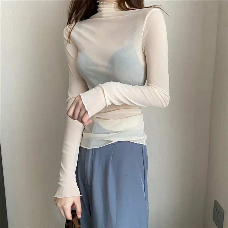 Sexy Women T Shirt See Through Transparent Mesh Tops Long Sleeve Sheer Slim Ladies Solid Turtleneck Silk T-Shirt Lace Crop Top 250208