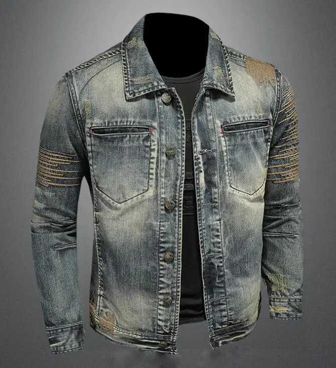 Riding Biker Denim Jacket Mens Retro Slim Cowboy Jacket Youth High Street Ripped Patch Denim Outerwear X250213