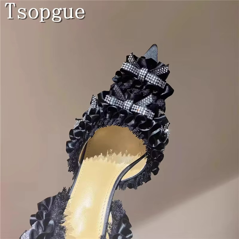 Design Rhie Bow Decoration Satin Pumps Women Elegant Pointed Toe Lace High Heels Sandals Bride Wedding Party Shoes
