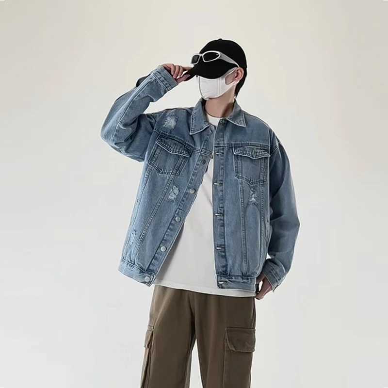 Mens Hole Jeans Jacket Black Blue Denim Coat Casual Outerwear Fashion Outfit for Men Retro Clothing X250213