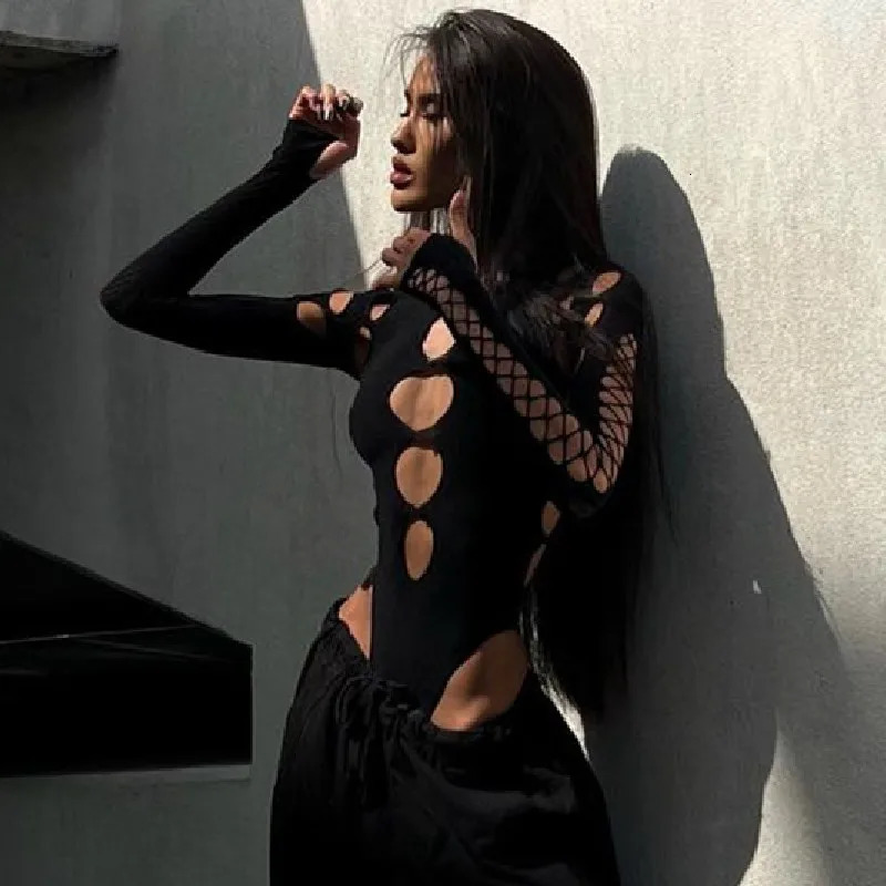 Candy Sexy Dot Hollow Out Bodysuit Y2K Gothic Punk Long Sleeves Bodycon Tshirt Women Autumn Streetwear Slim Bodice Bodysuits 250211