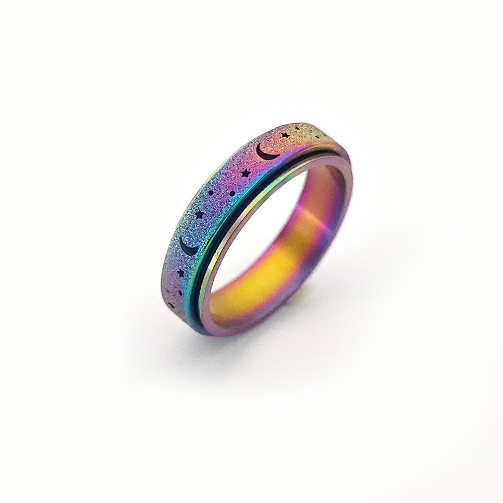 Frosted hollow stars and moon stainless steel rotatable stress relieving ring titanium steel finger ring female hand jewelry love ring gold ring desig