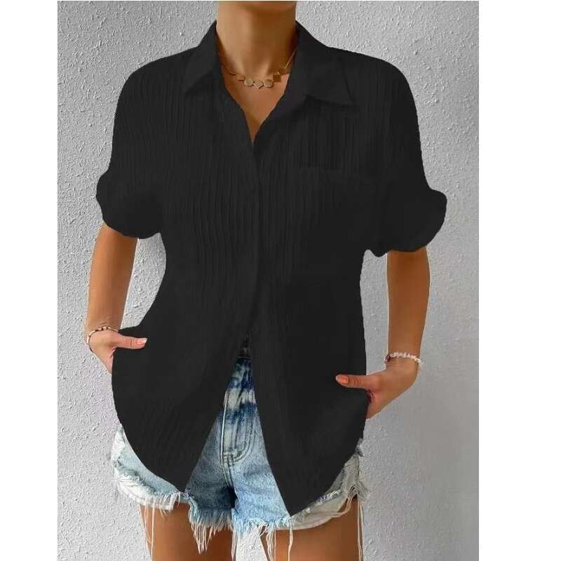 Cardigan 2025 patchwork pocket solid color temperament lapel raglan shirt short sleeved women's new casual versatile fashion clothing