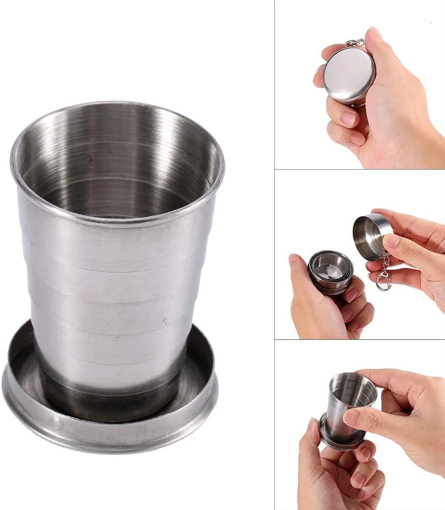 75150250450ML Stainless Steel Collapsible Cup Camping Cookware Expandable Teacups Portable Outdoor Travel Mug Z260202