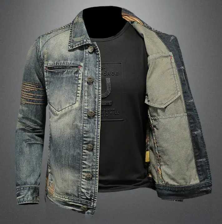 Riding Biker Denim Jacket Mens Retro Slim Cowboy Jacket Youth High Street Ripped Patch Denim Outerwear X250213