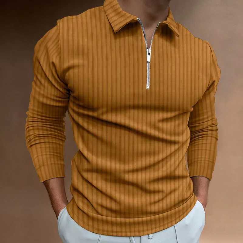 2024 new mens autumn and winter solid color lapel casual sports polo shirt with zipper long sleeves and high elasticity X250213