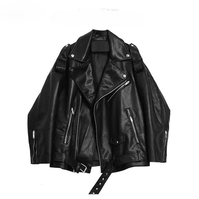 Y2K Fashion American Trend PU Leather Jacket and Coat Womens Street Hip Hop Loose Zipper Jacket Neutral Motorcycle Leather Jacket 250208