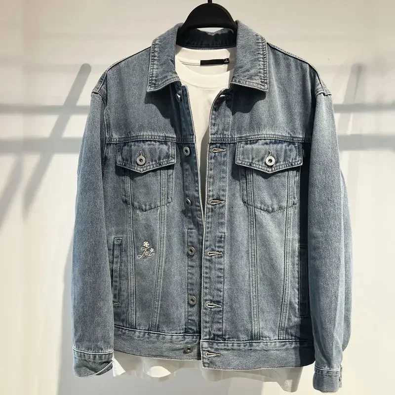 Mens Denim Jacket Blue Trendy Designer Male Jean Coats with Embroidery Flower Worn Korean Popular Clothes Elastic High Quality G X250213