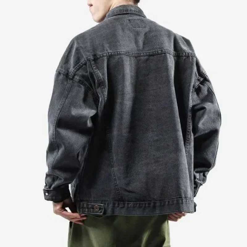Blue With Embroidery Button Autumn Mens Denim Jacket Gray Male Jean Coats Low Price Elatic Loose Y2k Korea Cowboy X250213