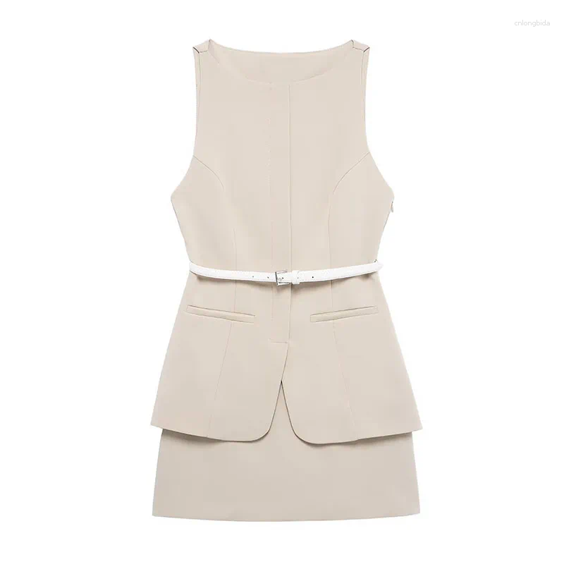 Casual Dresses Mini Skirt 2 Piece Sets Women Solid Slim O Neck Sleeveless Waistcoat With Belt A Line Summer Office Commute Outfit