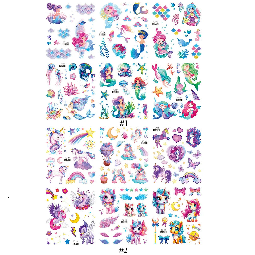 6PCS Cartoon Glitter Tattoos Waterproof Mermaid Unicorn Sparkly Rainbow Tattoo Sticker for Kids Birthday Party Favors Decor 250117