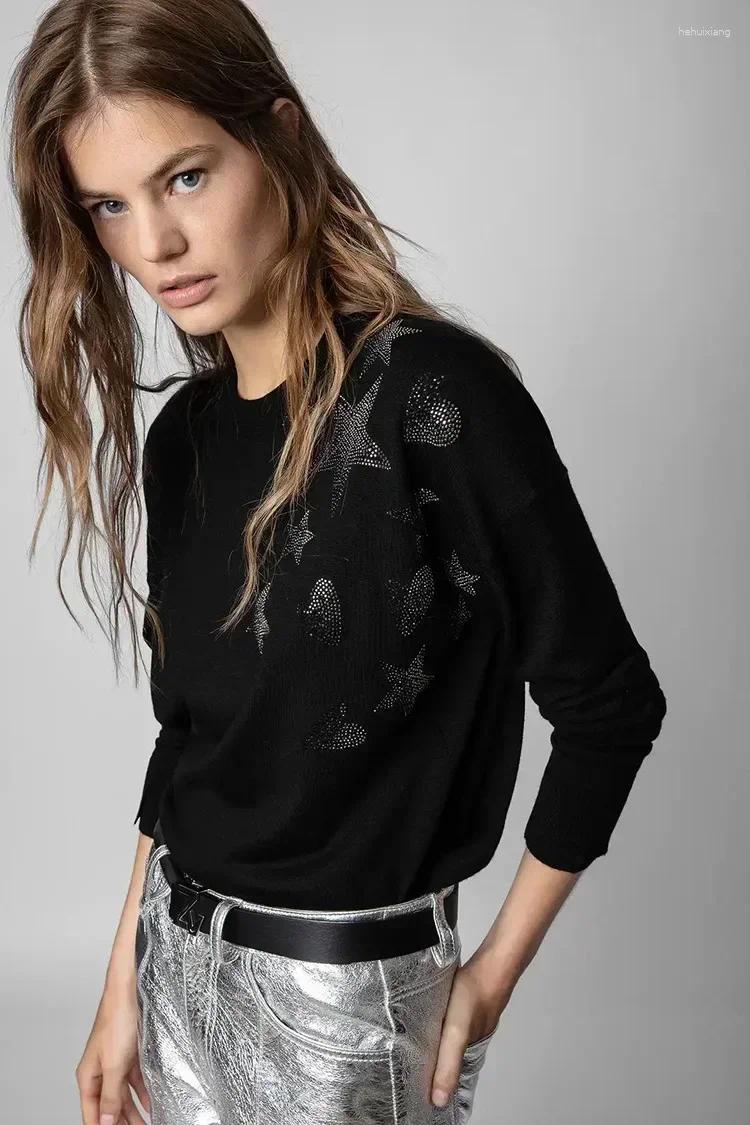 Women's Sweaters French Niche ZV Star Heart Diamond Black 100 Cashmere Sweater