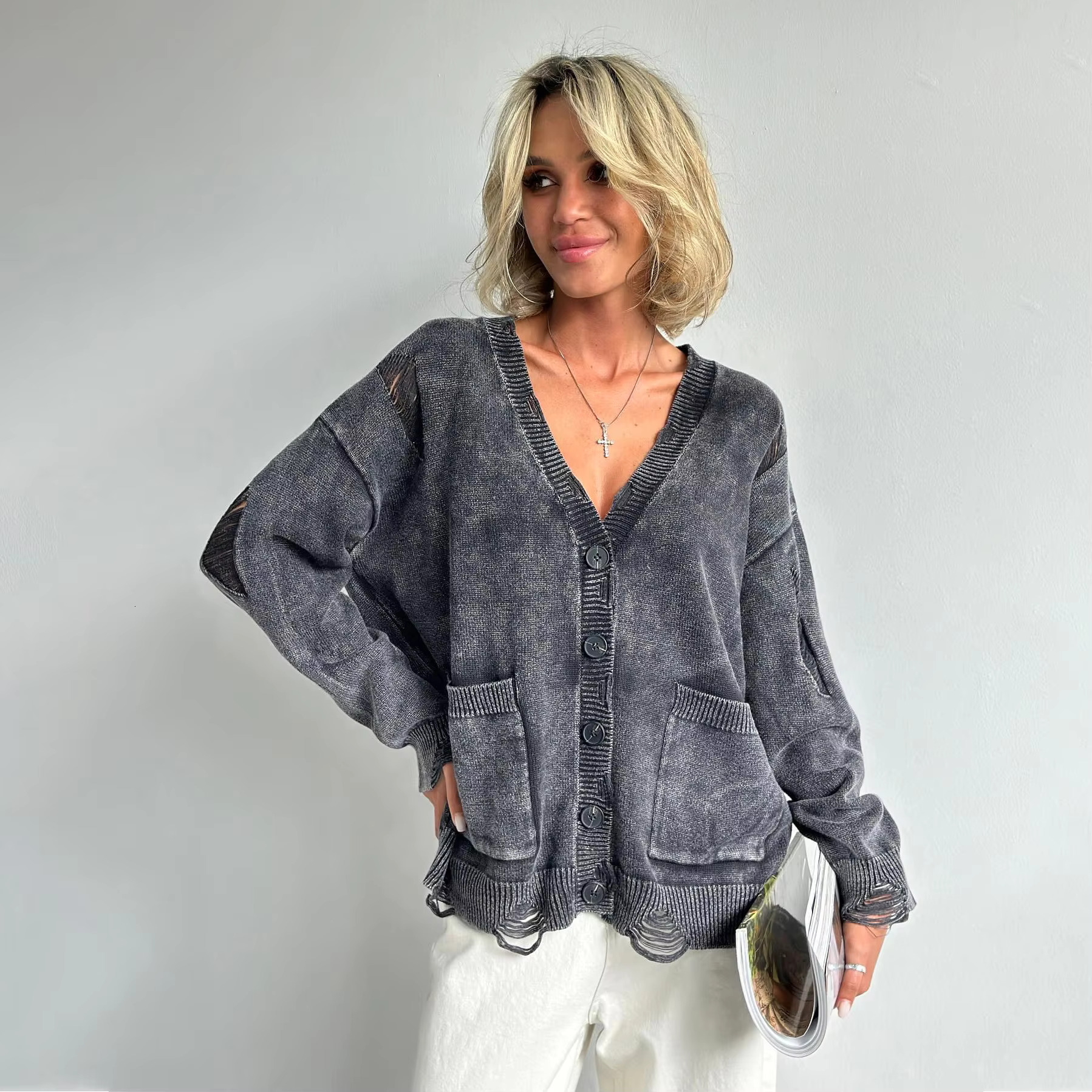 2025 New Hole Retro Vintage Button Knitted Cardigan Women Oversized Soft Tops Autumn Female Fashion Loose Fit Causal Sweater