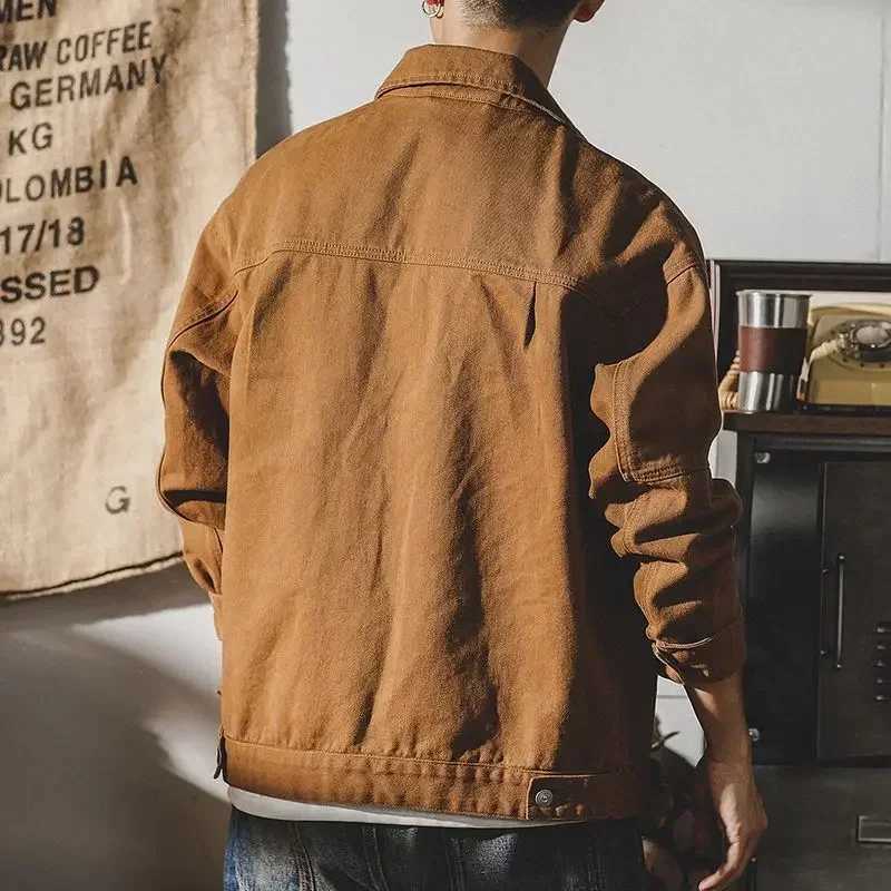 Mens Jean Coats Wide Shoulders Autumn Mens Denim Jacket Cargo Brown Menswear Joker G Fashion Winter 2024 Clothing Trendy Korea X250213