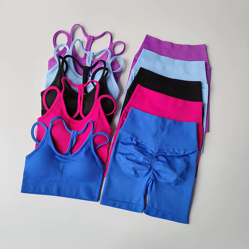2Pcs Seamless Yoga Set For Women High-Waist Butt Lifting Sportswear Workout Gym Fiess Tight Short And Sport Bra Suit