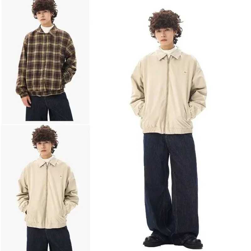 Winter Vintage Plaid Zipper Reversible Jacket For Men Autumn Lapel Baseball Uniform Y2K Streetwear Outerwear Bomber jackets X250213