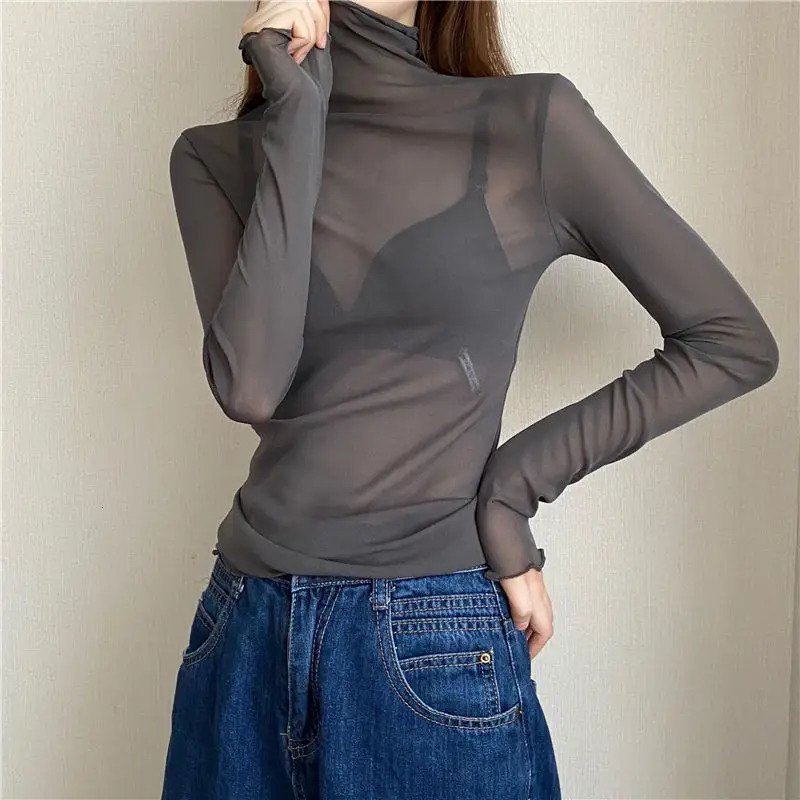 Sexy Women T Shirt See Through Transparent Mesh Tops Long Sleeve Sheer Slim Ladies Solid Turtleneck Silk T-Shirt Lace Crop Top 250208